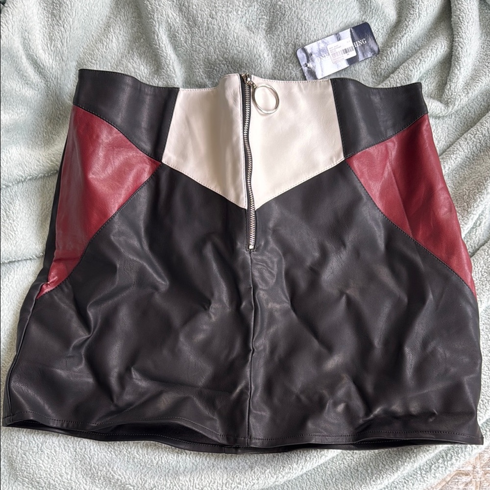 Colorblock Faux Leather Mini Skirt - Black, Cream & Burgundy